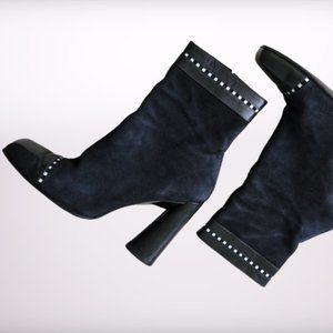 Y2K 90s UNIQUE BLACK SOFT SUEDE & LEATHER BOOTS, SQUARE TOE ANKLE BOOTS SIZE 9